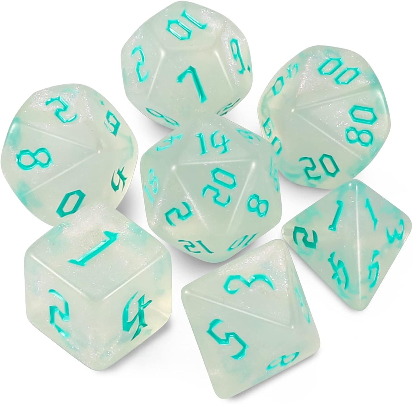 QMAY DND Dice Set -D&D Polyhedral Dice (7 Pcs) for Dungeons and Dragons (Transparent White Glitter)