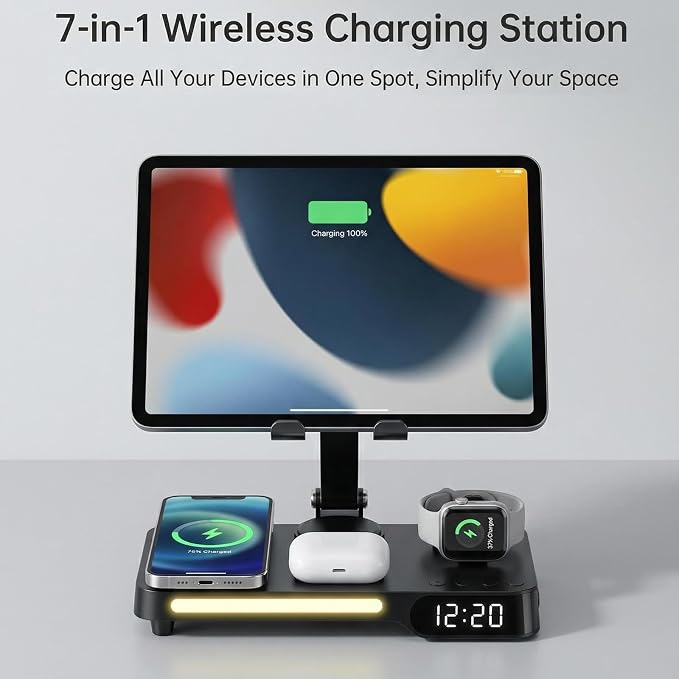 Wireless Charging Station,7 in 1 Multiple Charger Stand with Alarm Clock, Night Light,Mag-Safe Charging Dock for iPhone 17 16 15 14 13 12 Pro Max Plus,Apple Watch 11/10/9/8,for Airpods,Bedroom