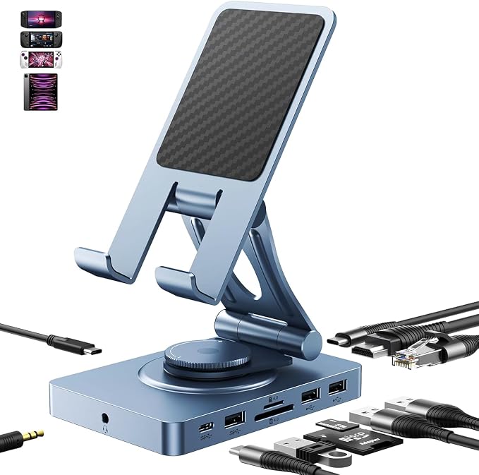 360° Rotating USB C Docking Station for iPad Pro, Tablet, Samsung, Steam Deck, ROG Ally, Legion Go, Msi Claw, etc, 11-in-1 with SD TF 4.0 Reader, 4K@60Hz HDMI, RJ45, Audio, USB A, USB C