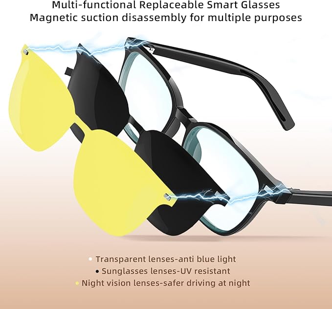 Smart Bluetooth Glasses for Men & Women, Magnetic Lenses 3-in-1(Blue Light Blocking/UV400/Night Vision), Auto On/Off, Call/Music, IP65 Waterproof, Wireless Audio Stylish Eyewear for Driving/Working