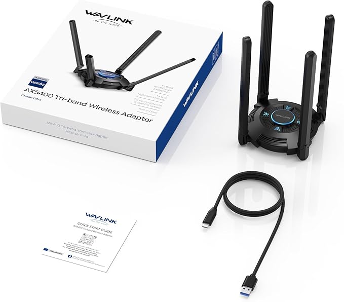 WAVLINK AX5400 USB WiFi 6E Adapter for PC, Tri-Band USB3.0 WiFi Adapter for Desktop PC Laptop, Wireless Adapters with 4x5 dBi,Antennas, 6G/5.8G/2.4G, OFDMA, WPA3, WiFi Dongle for Windows 11/10 ONLY