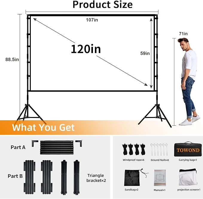 Outdoor Projector Screen with Stand, TOWOND 120 inch Projection Screen, Movie Screen 16:9 HD Foldable Anti-Crease Support Double Sided with Carry Bag for Outdoor Indoor