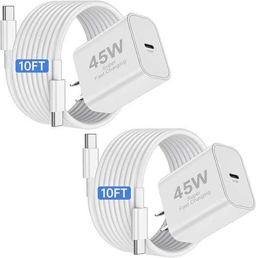 2Pack 45W iPhone 17 16 15 Fast Charger and 10ft Type C to C Cable Cord Long, USB C Charging Block Plug for Apple iPhone 17 Pro Max/17 Air/16 Pro Max/15 Plus/iPad Mini Air Wall Power Adapter Cube Brick