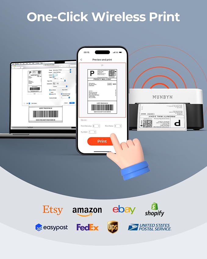 MUNBYN Bluetooth Thermal Label Printer RW403B, Wireless 4x6 Shipping Label Printer for Small Business, Compatible with Android, iPhone, Windows, Mac, Chromebook, Print Width 1.57"-4.25"