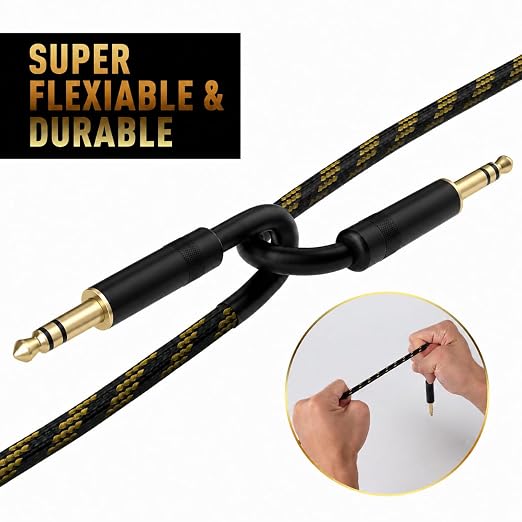 1/4 Inch TRS Instrument Cable 20 Ft, Straight 6.35mm to 6.35mm Male Jack Stereo Audio Interconnect Cord-Gold Plated-Braided-Balanced Line for Electric Guitar Bass+ 5 Ties