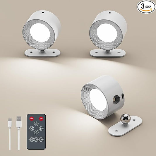 3 Pack LED Wall Sconces, Battery Operated Wall Lights for Reading, Cordless Bedside Lamp with Remote & Touch Control, 360° Magnetic Rotation & Rechargeable, 3 Color Modes Dimmable (White)