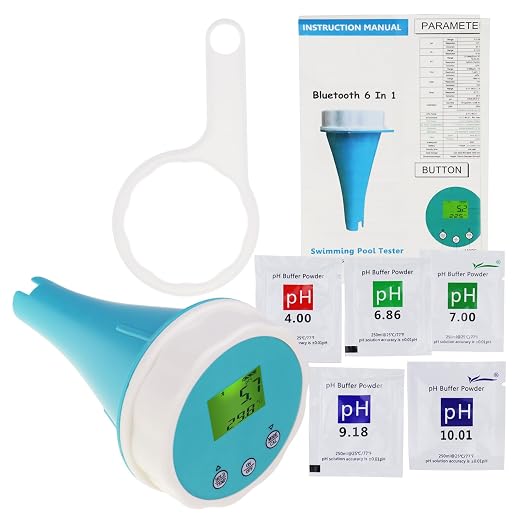 Floating Smart Digital Pool Thermometer - 6-in-1 Bluetooth Water Meter, IP67 Waterproof, Tests EC, Salinity, pH, ORP, Temperature, Chlorine for Swimming Pools, Hot Tubs, Ponds