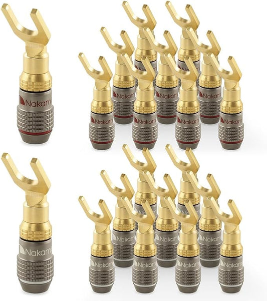 Nakamichi FanLock Excel Series 24k Gold Plated Spade Connector Banana Plug 10 AWG - 18 AWG Gauge Size 4mm for Speakers Amplifier Hi-Fi Home Theatre Wire Cable Quick Connector, 20 Pcs (10-Pairs)