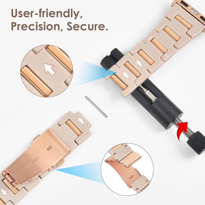V-MORO Resin Metal Band Compatible with Apple Watch 42/44/45/46/49mm,Fashion Lightweight Bracelet with Polished Rose Gold Stainless Steel Inlay for iWatch Series 11/10/9/8/7/6/5/4/3/2/1/SE,Oatmeal