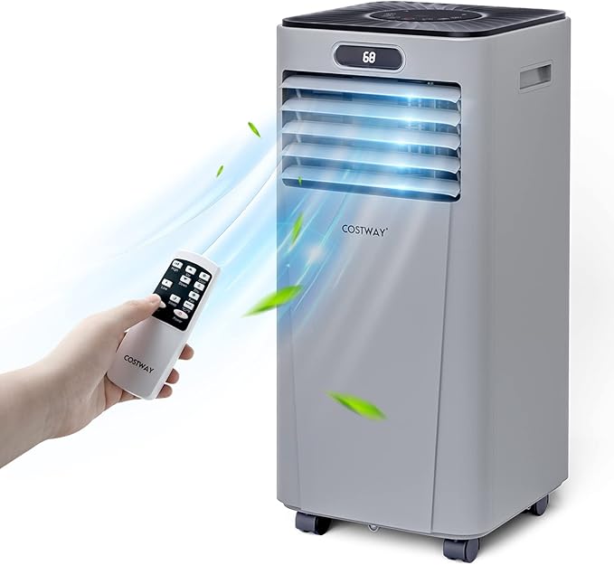 COSTWAY Portable Air Conditioner, 8000BTU AC Unit with Drying, Fan, Sleep Mode, 24H Timer, Remote Control, Cools Room up to 230 Sq. ft, for Home & Office Use, Window Kit Included(8000BTU-Grey)