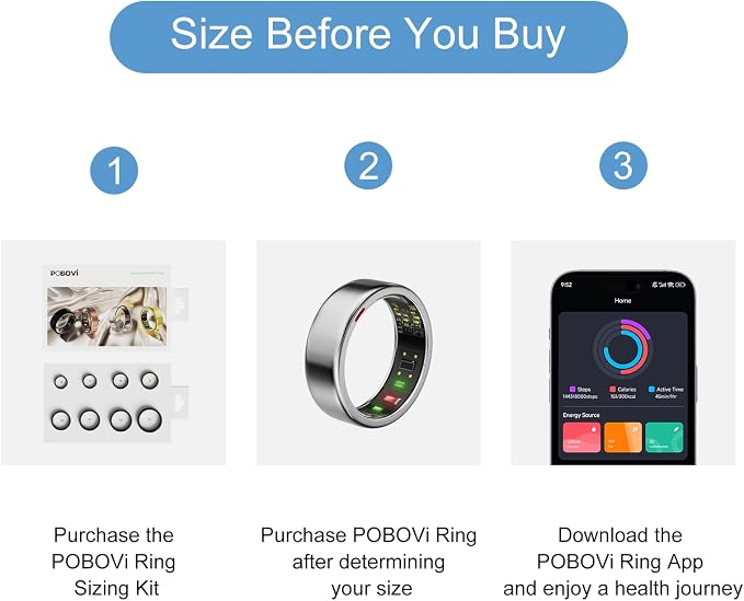 POBOVi Smart Ring for Men/Women – Fitness Tracker with Sleep, HRV, Heart Rate, Blood Oxygen – IP68 Waterproof, No Subscription, iOS & Android – Sizing Kit for Accurate Fit (Includes Ring Sizer Only)