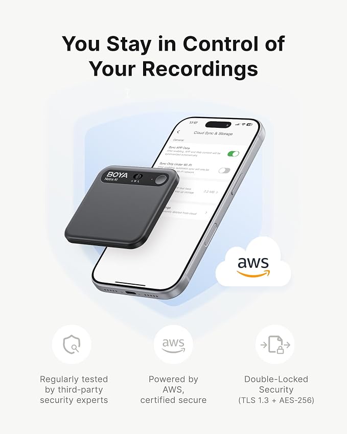 BOYA Notra AI Voice Recorder, Smart Transcription & Summary, App Control, 64GB Storage, Secure Cloud Sync, Supports 140+ Languages, MagSafe-Compatible, Ai Note Taker for Meetings & Interviews, Black