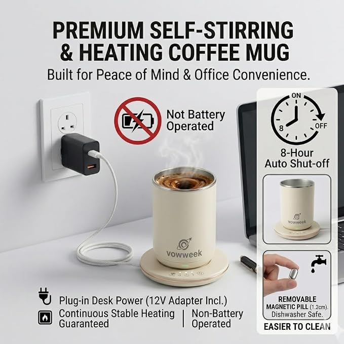 Self Heated Stirring Mugs Set of 2, 10oz Coffee Cups Warmer, Black & Rose | 304 stainless steel interior. Includes 3 heat settings, 8H auto shut-off, plug-in base for home office desk