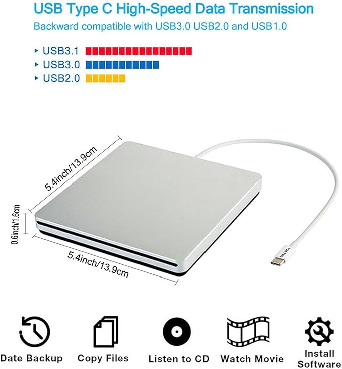 External USB-C SuperDrive DVD CD Drive Portable DVD CD Reader/Burner for Apple-MacBook Air/Pro/iMac/Mini/MacBook Pro/ASUS/DELL/Laptop with USB-C Port Plug and Play (Silver)