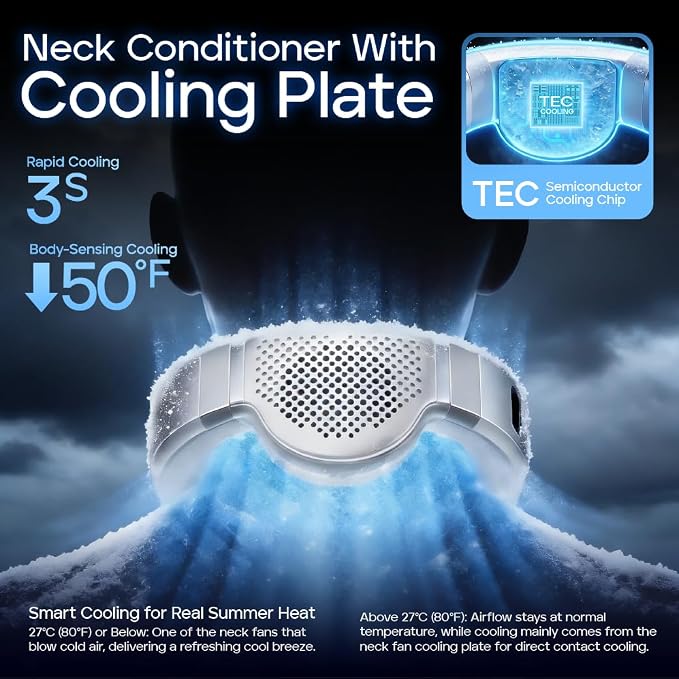 Neck Fan Rechargeable with Semiconductor Cooling Plate, 7000mAh Portable Neck Air Conditioner 3+ Hours Battery, 360g Lightweight Wearable for Travel Hot Flashes Outdoor