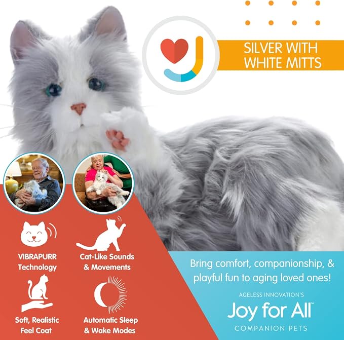 JOY FOR ALL Ageless Innovation Companion Pets | Silver Cat with White Mitts | Lifelike & Realistic | Comfort, Joy & Companionship