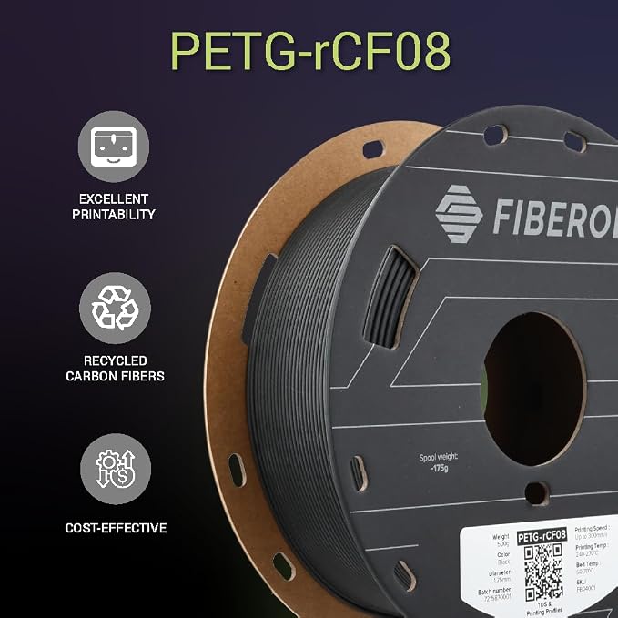 Polymaker Fiberon PETG-RCF Filament Black 1.75mm 0.5kg, Recycled Carbon Fiber Reinforced PETG 3D Printing Filament Ideal for Drone and Automotive Products
