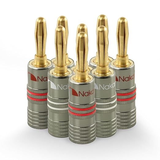 Nakamichi Ultimate Series 24K Gold Plated Beryllium Red Copper Banana Plug 12-18 AWG Gauge Size 4mm Connector for Speakers Wire Amplifiers Hi-Fi Sound Systems (8 Pcs (4-Pairs), Banana Plugs)