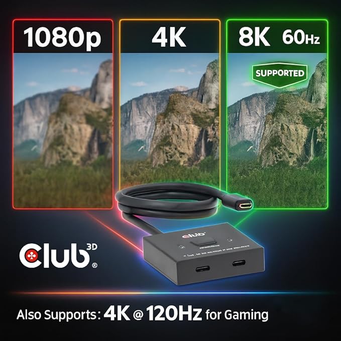 Club 3D USB C Switch 8K 60Hz Bi-Directional - 2 Computers to 1 Monitor or 1 PC to 2 Displays - USB-C Video Switch with 100W Power Delivery Passthrough for MacBook Pro, Laptop, Thunderbolt