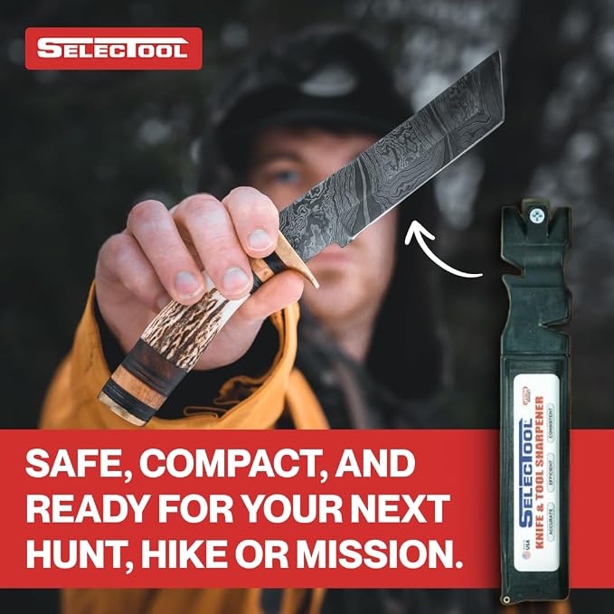 SELECTOOL 5-in-1 Knife Sharpening System - Knife Maintenance Kit with Knife Sharpener Tool, Honing Rod, Training Knife, Replacement Blade & Mat for Kitchen Knives, Scissors & Outdoor Tools