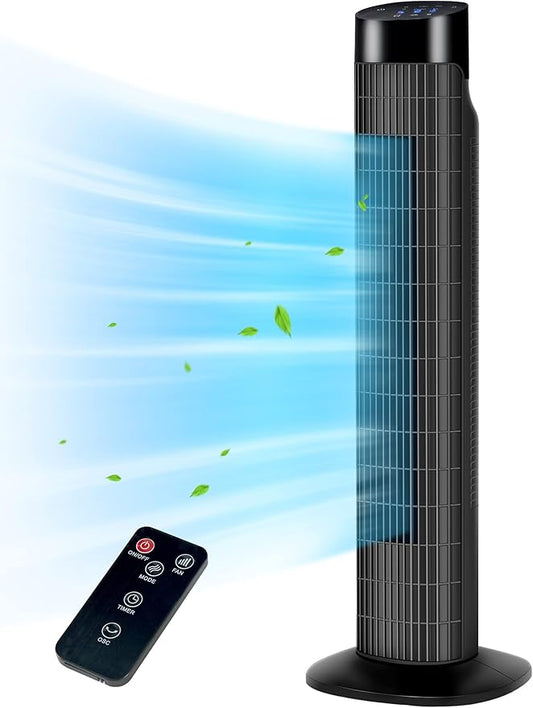 Uthfy Tower Fan for Bedroom, 120° Oscillating Standing Fan with Quiet Sleep Mode, 3 Speeds & 3 Modes, 7.5H Timer, Remote/Touch Control, Bladeless Floor Fans for Living Room, Office, Black