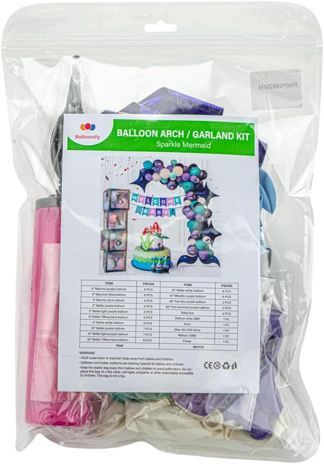 Restaurantware-Balloonify Mermaid Balloon Arch Kit, 1 Party Decoration Kit - 80 Balloons, With Chain, Latex Mermaid Tail Balloon Arch Kit, Includes Glue Dots, Ribbon, Knot, And Pump