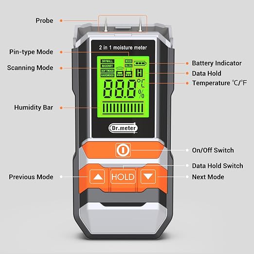Wood Moisture Meter, 2 in 1 Pin & Pinless Moisture Tester, Digital Humidity Sensor Detector for Wood Firewood Drywall Floor Woodworking, Water Leak Detector for Building Home