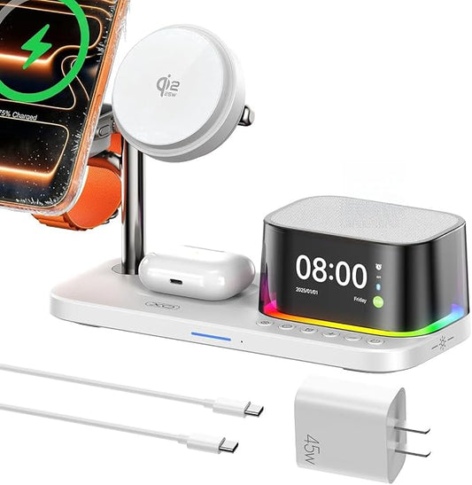 QI2.2 Charging Station for Apple Device【 25W Fast Charging+Cooling Fan】 5in1 Magnetic Wireless Charger with Speaker and Alarm Compatible with MagSafe for iPhone/Watch/AirPod (45W Adapters Included)