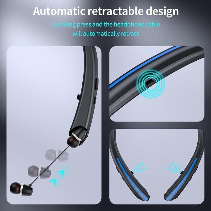 Neckband Retractable Bluetooth Headphones, Wireless Headset with 22H Playtime, Sweat-Resistant Sports, Dual Device Connect, Noise Cancelling Earphones with Mic (Blue)