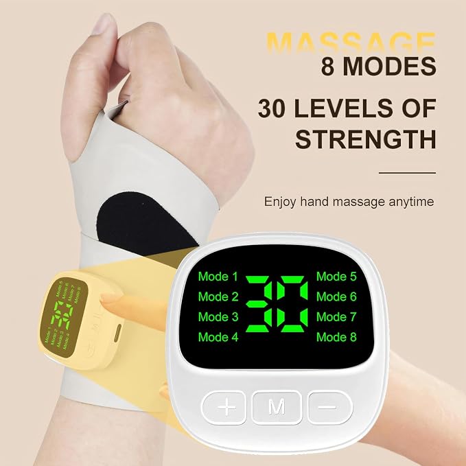 Carpal Tunnel Wrist Massager, 8 Modes & 30 Levels 360° Ergonomic Surround Support Wrist Massager, Detachable Main Unit, Adjustable Thumb Loop for Home/Workplace Hand Pain Relief