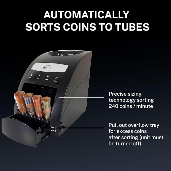 Electric Coin Sorter, 1 Row with Value Counting, Patented Anti-Jam Technology