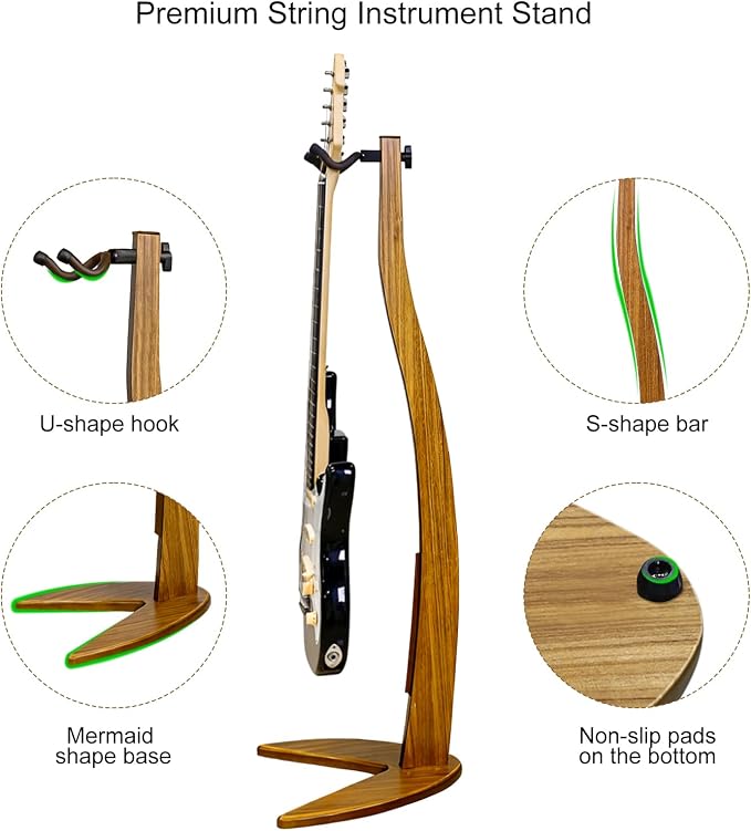MUSO Guitar Bass Hanger Stand, Solid Wood Bow Holder Mermaid Shaped for Display and Storage, 42 inches Height Anti-scratched and Anti-bump, Decorate Studios, Living room and Stage (Bamboo, 1)