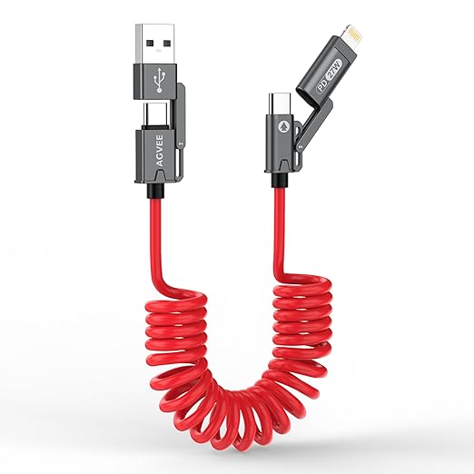 AGVEE 1.5ft 4-in-1 Coiled Multi USB C Charging Cable, Secure-Slide No-Loss Adapters, Slim Tips Fit Thick Cases, Lightning End Reinforced, PD 60W for iPhone Carplay, Samsung, iPad, Red