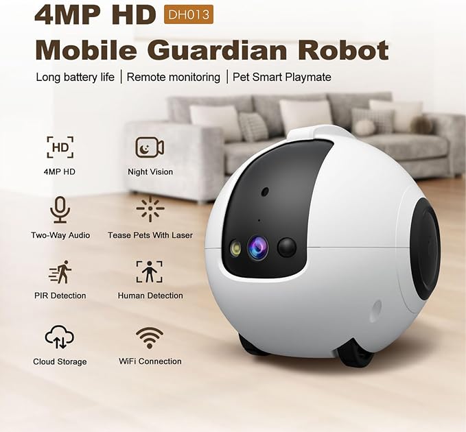 Movable Pet Camera 1080P HD Pet Camera Two Way Audio 10000mAh Battery Pet Monitoring Camera Remote APP Control Camera with Night Vision Interactive Cat Camera Companion Robot