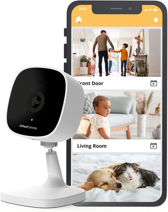 AlfredCam Indoor WiFi Security Camera, FullHD 1080P, 2.4G/WiFi, Continuous Recording, Motion Detection, Night Vision, Baby Monitor/Pet/Nanny Cam, App Powered (100M+ downloads)