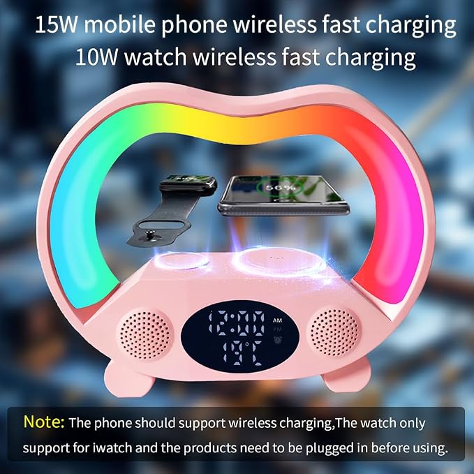 IHAO 6in1 Wireless Charging Station with Bluetooth Speaker Time&Temperature Display Alarm Clock 7-Color LED Night Lights Fast Charger for Phone, Apple Watch, Earbuds Remote Control Auto Shutoff-Pink