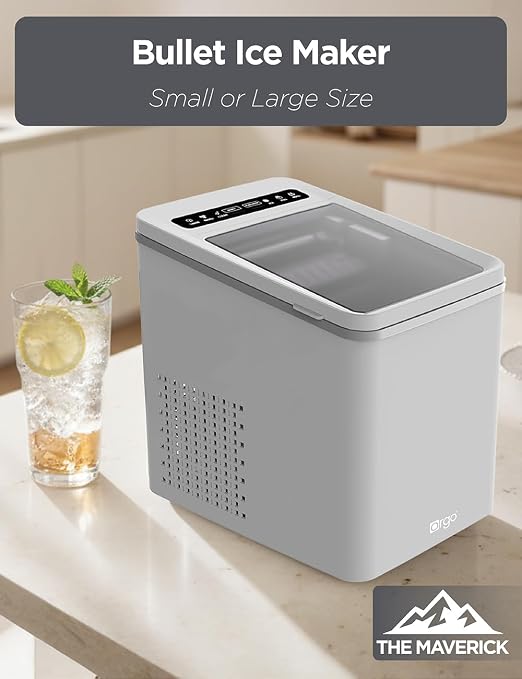 Orgo The Maverick Countertop Ice Maker, Makes 23 lbs. in 24 Hours, Bullet Shaped in 2 Sizes, Ice Maker Ready in 6-8 Minutes, LED Control Panel, Self-Cleaning, Includes Scoop, TMT3653, Gray