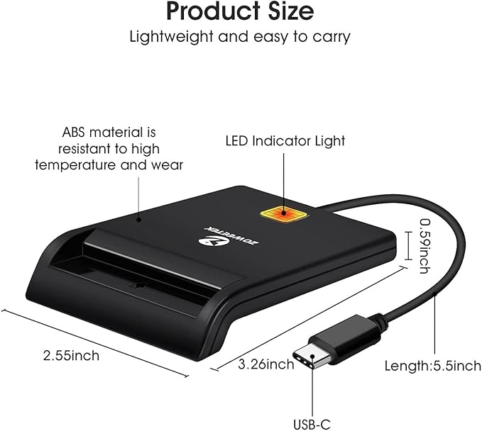 ZOWEETEK Type C CAC Reader, Smart CAC Card Reader USB C for DOD Military Common Access CAC, Compatible with Windows, Mac OS