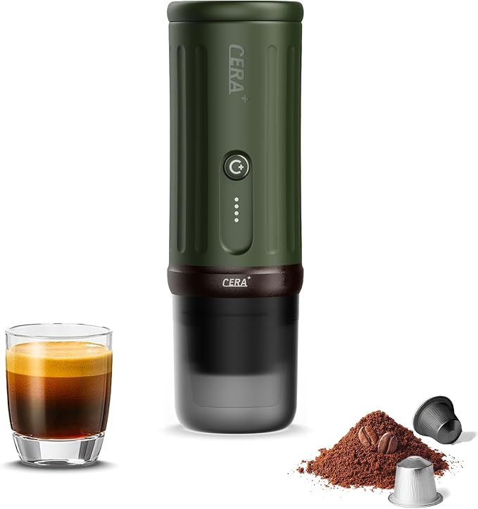 CERA+ PCM03S Portable Espresso Machine 5-8 Cups per Charge, Self-Heating 20 Bar， NS Pods & Ground Coffee, Epresso Electric Travel Coffee Maker for Outing, Working, Camping