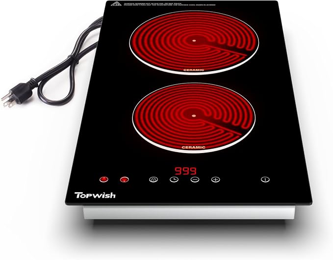 Electric Cooktop, TOPWISH 2 Burner Electric Cooktop Built-in, 110V Plug in Cook Top Stove Burners for Cooking, 12 Inch Stove Top with Touch Control, Timer, Child Lock, Over Heat Protection