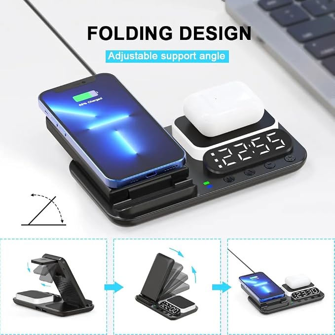 Tron 7-in-1 Wireless Charging Station with Clock, 25W Adapter, Night Light, iPhone/Watch/Earbuds Compatible, for Travel, Home, Office, and Bedroom – TR42