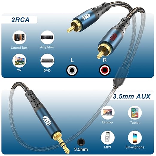 EMK 3.5mm to 2RCA Cable 24K Gold-Plated Nylon Braided RCA to Auxiliary Stereo Audio Headphone Male to Male 1/8 to RCA Cord for Tablet,Subwoofer,Home Theater,DVD Speaker,MP3/MP4,Player 10ft/3m