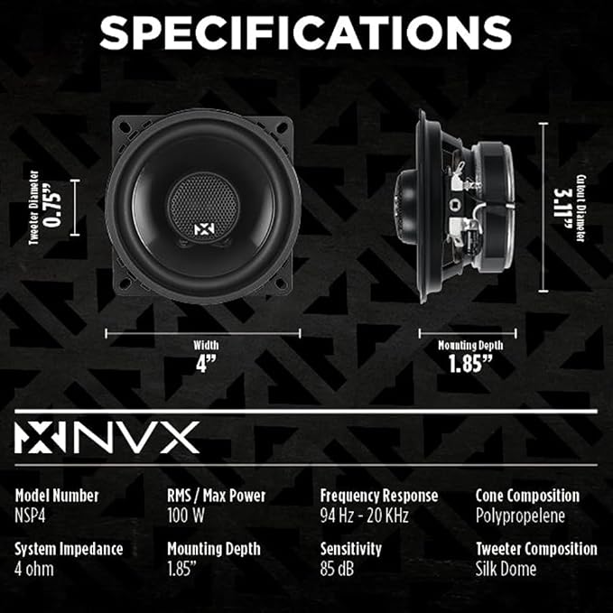 NVX NSP4 4" Car Speakers, 300W Max, 100W RMS, 2-Way Coaxial w/Silk Dome Tweeters & Built-in X-Overs, Easy to Install in Cars/Trucks/Doors (Pair)
