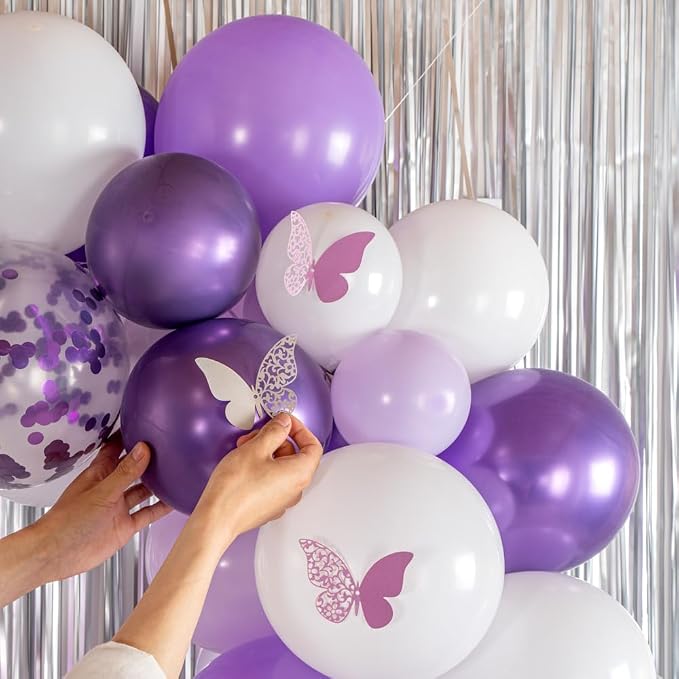 Restaurantware-Balloonify Balloon Garland Set, 1 Party Decoration Kit - 110 Balloons, With Chain, Confetti Purple & White Latex Balloon Arch Kit, Includes Glue Dots, Ribbon & Knot
