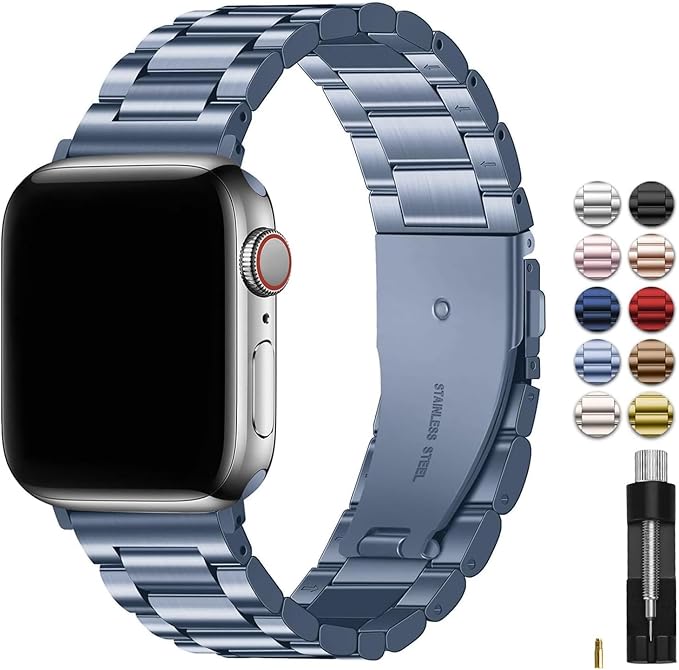 Fullmosa Metal Band Compatible with Apple Watch Bands 45mm 44mm 42mm, iWatch Band with Case for Apple Watch Series 9 8 7 6 5 4 3 2 1 SE3/2/1, Blue Grey