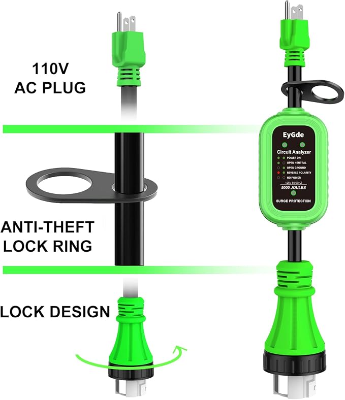 EyGde 50 Amp to 15 Amp 110 RV Adapter with Surge Protector, Patented 5000J 15 Amp Male to 50 Amp Adapter with Twist Locking Connector, Circuit Analyzer Voltage Protector for Camper Trailer, Green