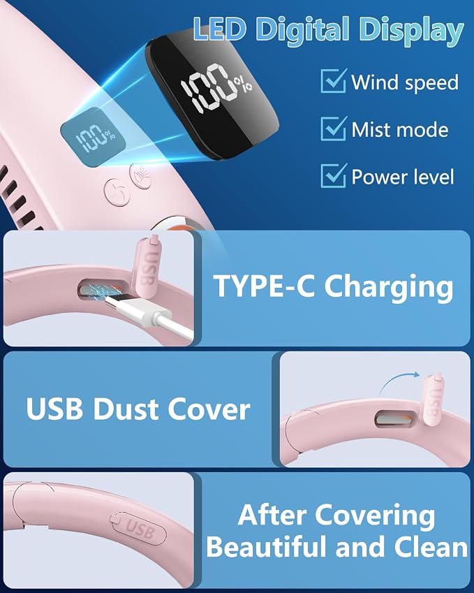 Neck Fans that Blow Cold Air Rechargeable,Mister Fan Portable Battery Operated 360°Cooling,Misting Flexible Head Wear Wireless Neck Fans for Women Men,Personal Cooler Device for Outside Summer Beach