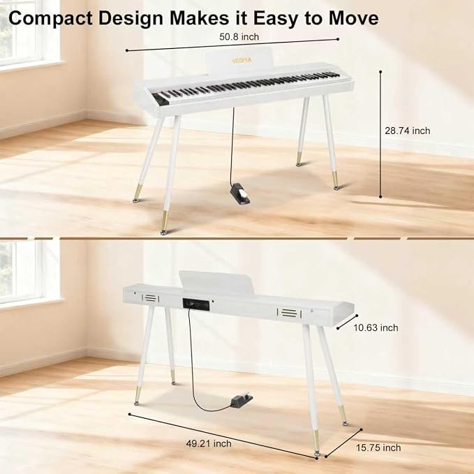 Digital Piano Keyboard 88 key,Semi-Weighted Electric Piano,Full Size Acoustic Piano for Beginners with Pedal, USB-MIDI Compatibility (White)