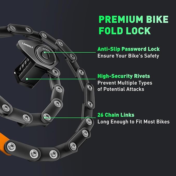 Lambolt Electric Scooter Lock - Heavy Duty Anti-Theft Folding Combination Bike Lock for Ebike | Compact Alloy Steel Security Chain Lock with Mounting Bracket & Bags