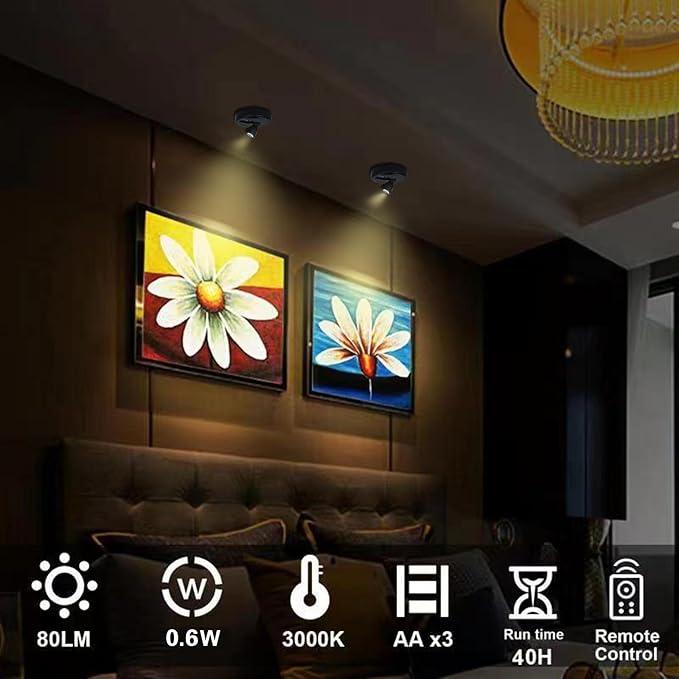 HAMVIDNE LED Spotlights, Battery Powered Picture Lights, Uplighting Indoor, Puck Light with Remote, Plant & Wall Art Display Dartboard Closet Spotlights, Black